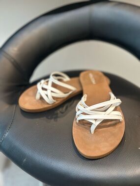 Volcom White Strappy Slide Sandals with Tan Footbed